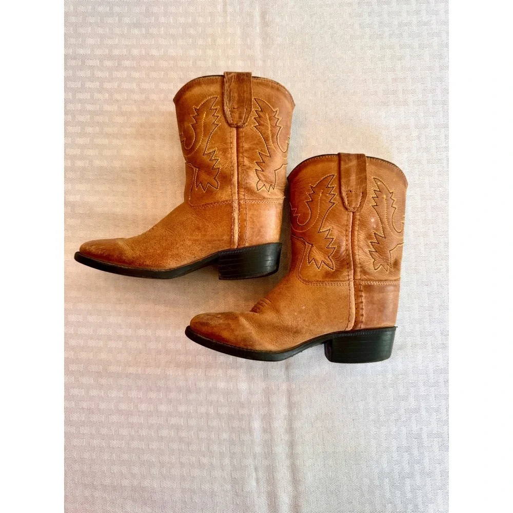 Old West Kids Tan‎ Leather Western Cowboy Boots 3129 Size 8.5 Toddler Brown
